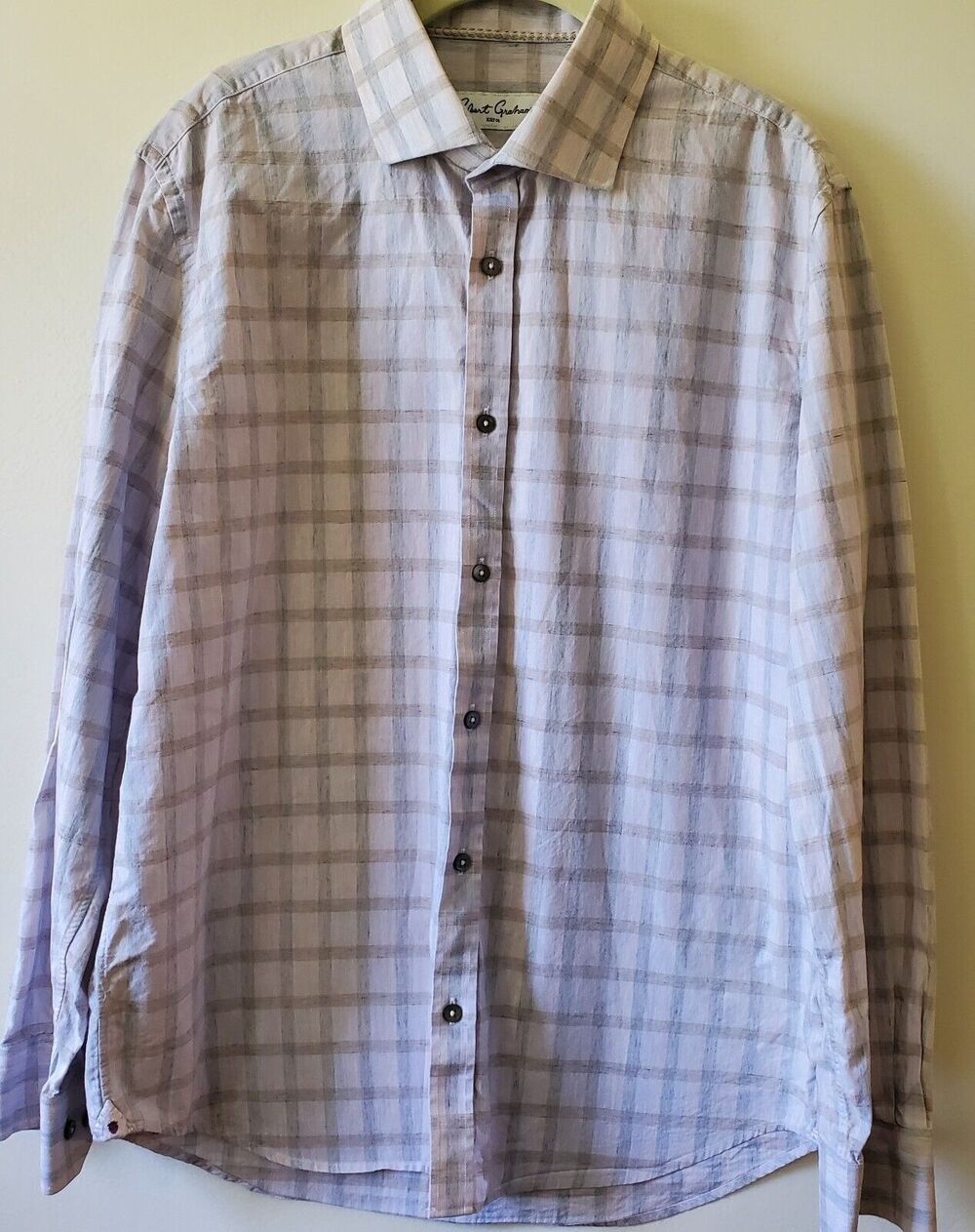 Robert Graham Mens 16.5 42 Dress Shirt L Soft Gray & Tan Plaid 100% Cotton